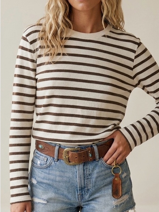 Wyeth by Todd Magill Tops - WYETH Carmen L/S Long Sleeve Crew Striped Cotton Tee Ecru and Chocolate